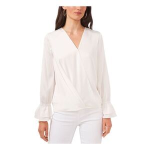 VINCE CAMUTO Womens Ivory Ruffled-cuff Step Hem Long Sleeve Faux Wrap Top XS
